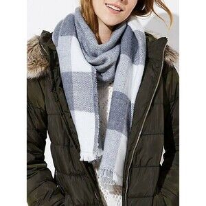 Ann Taylor LOFT Reversible Plaid Blanket Scarf Wrap Grey Multi MSRP $44.50 NEW